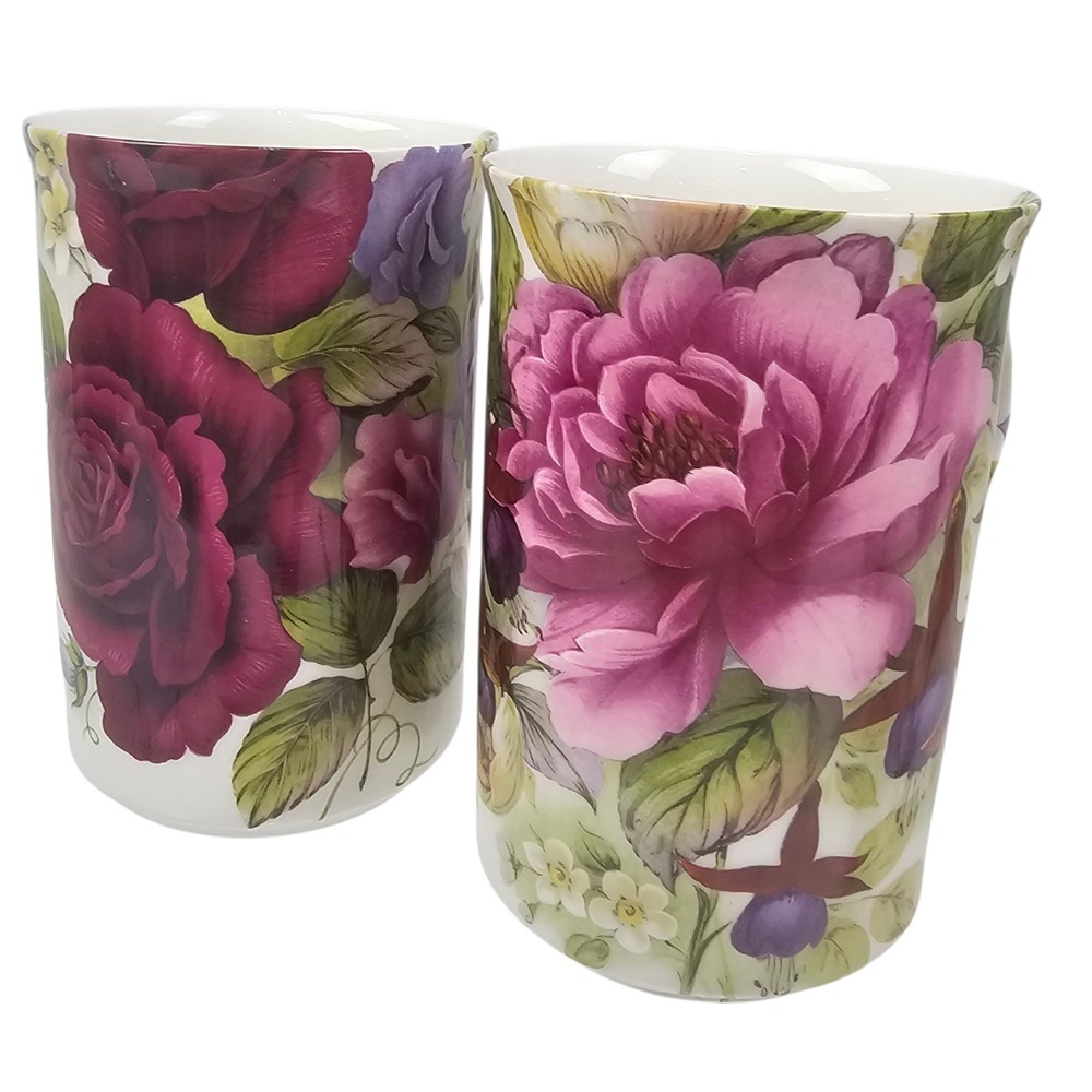 St George Fine Bone China Mugs Set of 2 Floral Rose Peony Made in England Purple
